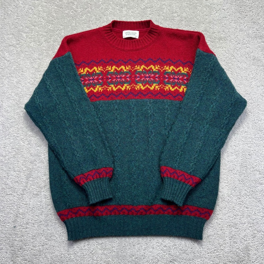 VINTAGE United Colors of Benetton Sweater M Red GreenItaly Fair Isle Cable Knit